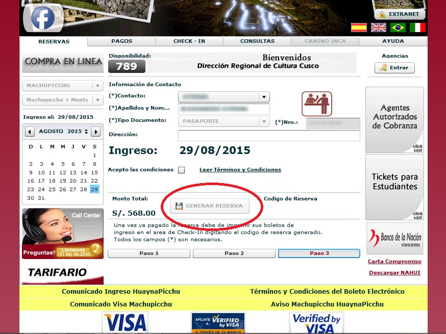 finalizzazione della prenotazione del biglietto per machu picchu